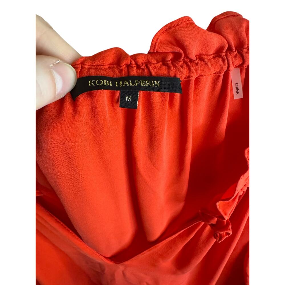 KOBI HALPERIN Carolina V-Neck Shirred Sleeve Silk Blouse Size M Red Ruffle Neck - Picture 3 of 8